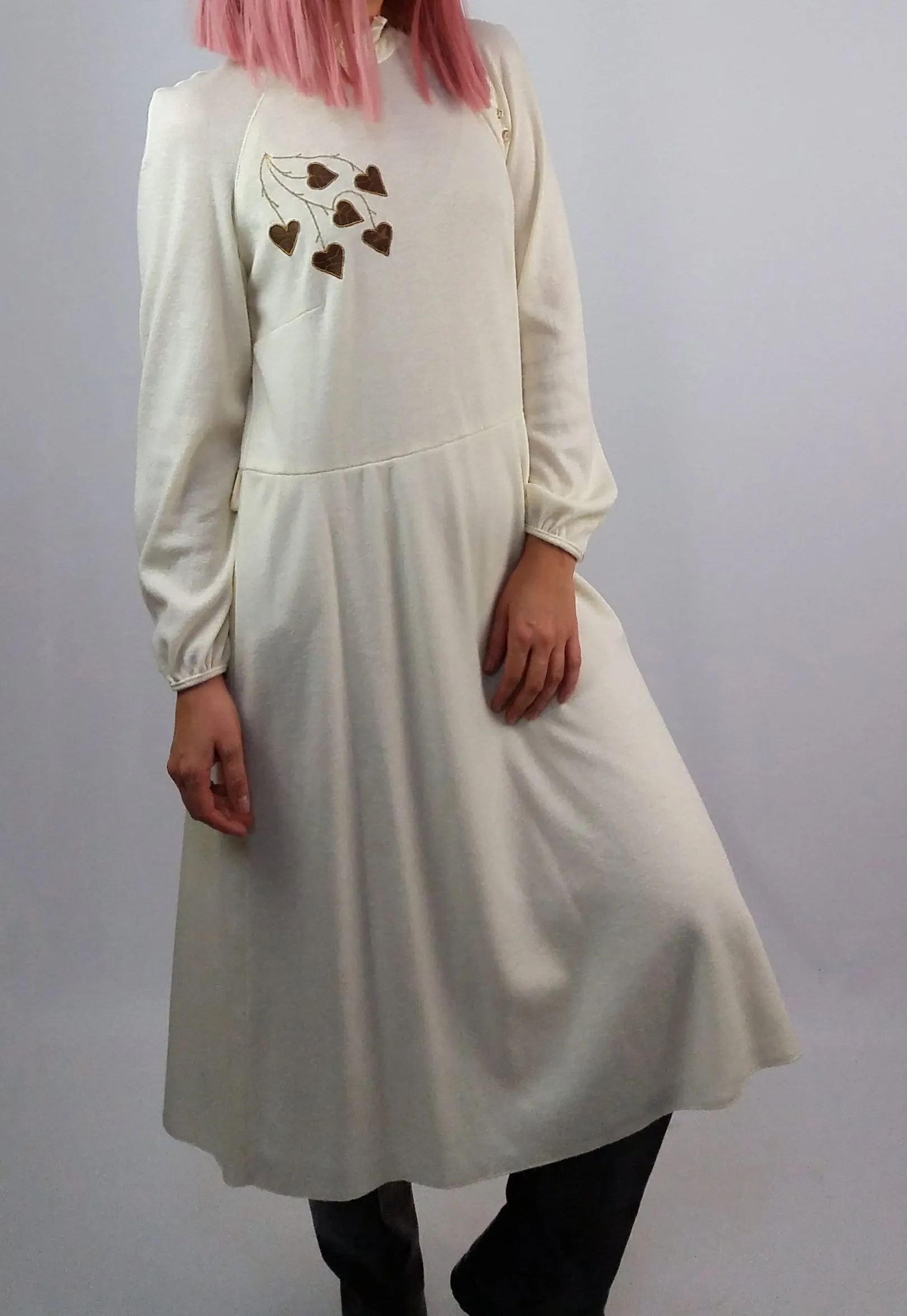 80's High Collar Leaves Embroidery Dress