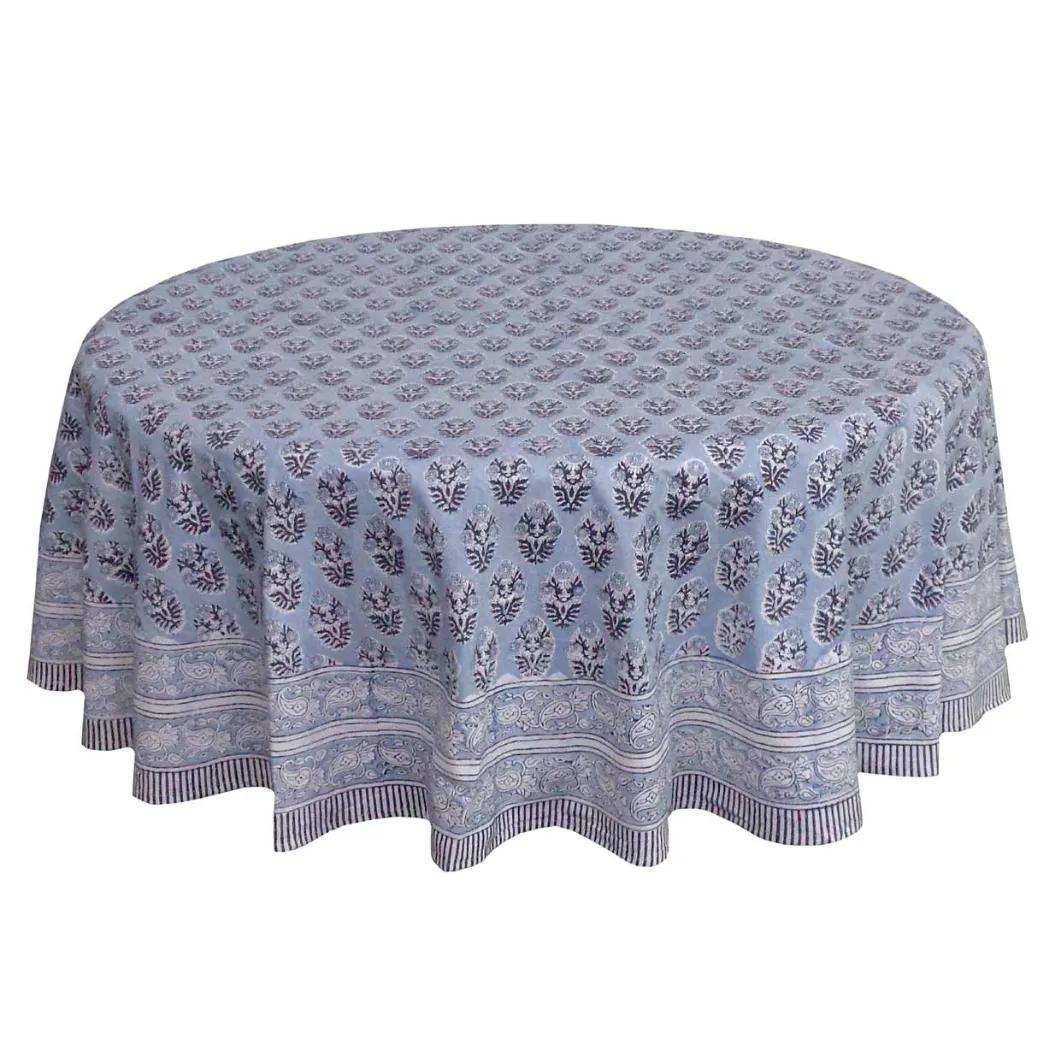 Blue Block Printed Round Tablecloth