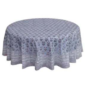 Blue Block Printed Round Tablecloth