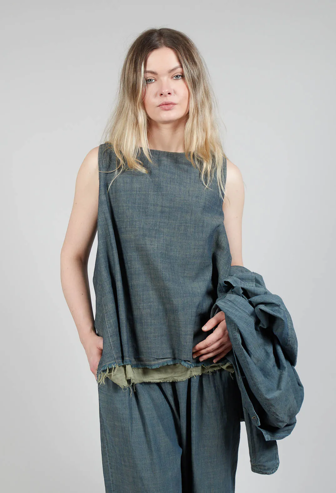 Contrast Fabric Boat Neckline Top in Sage