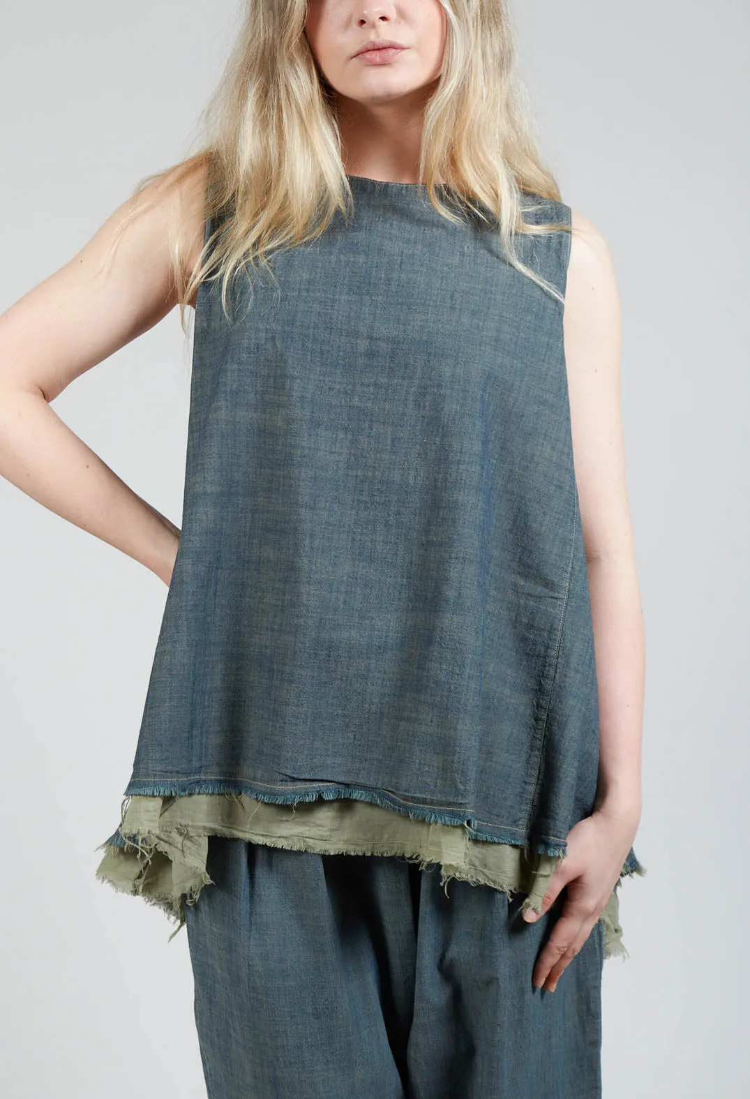 Contrast Fabric Boat Neckline Top in Sage