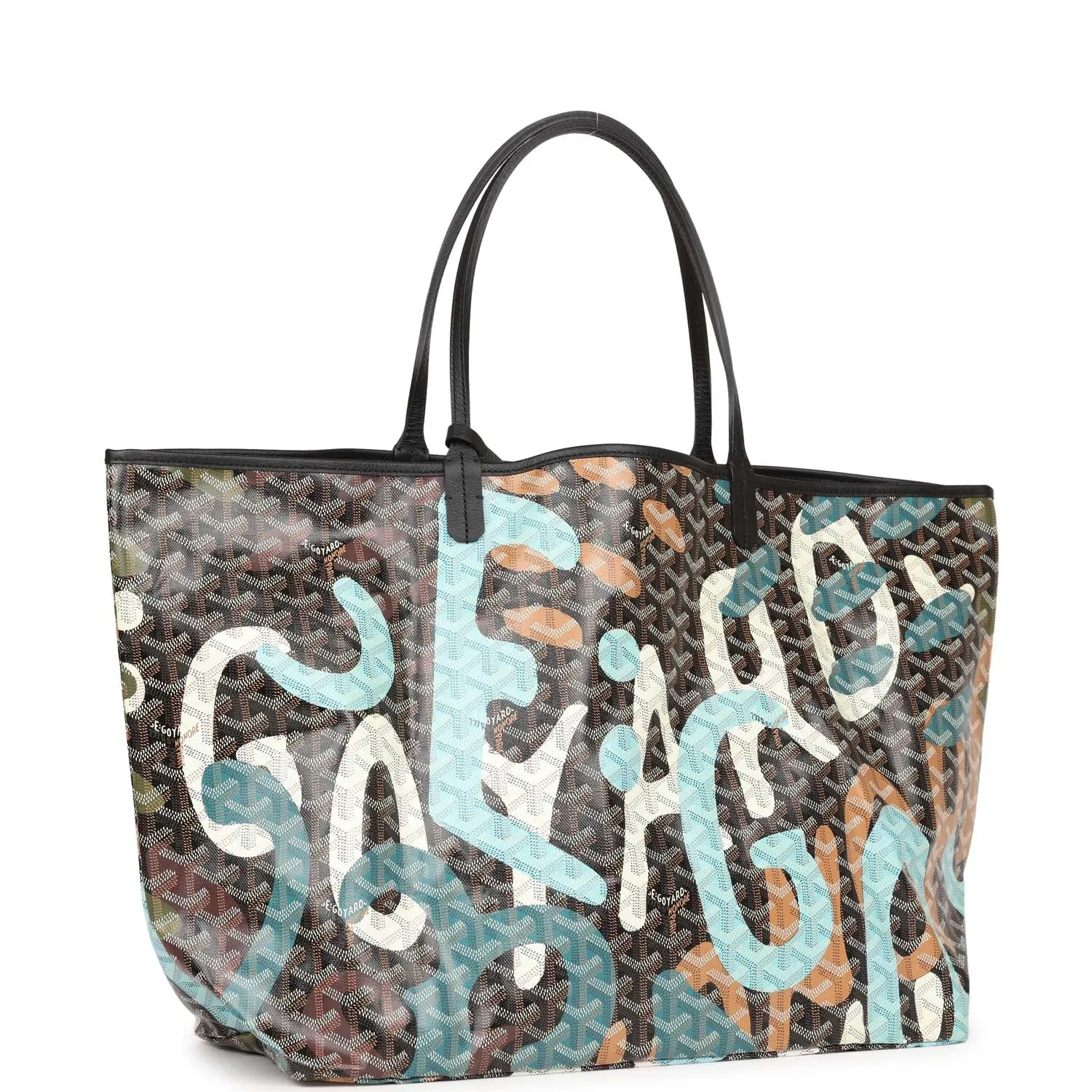 Goyard Limited Edition Black Goyardine Canvas Blue Lettres Camouflage St. Louis GM Tote Bag Palladium Hardware