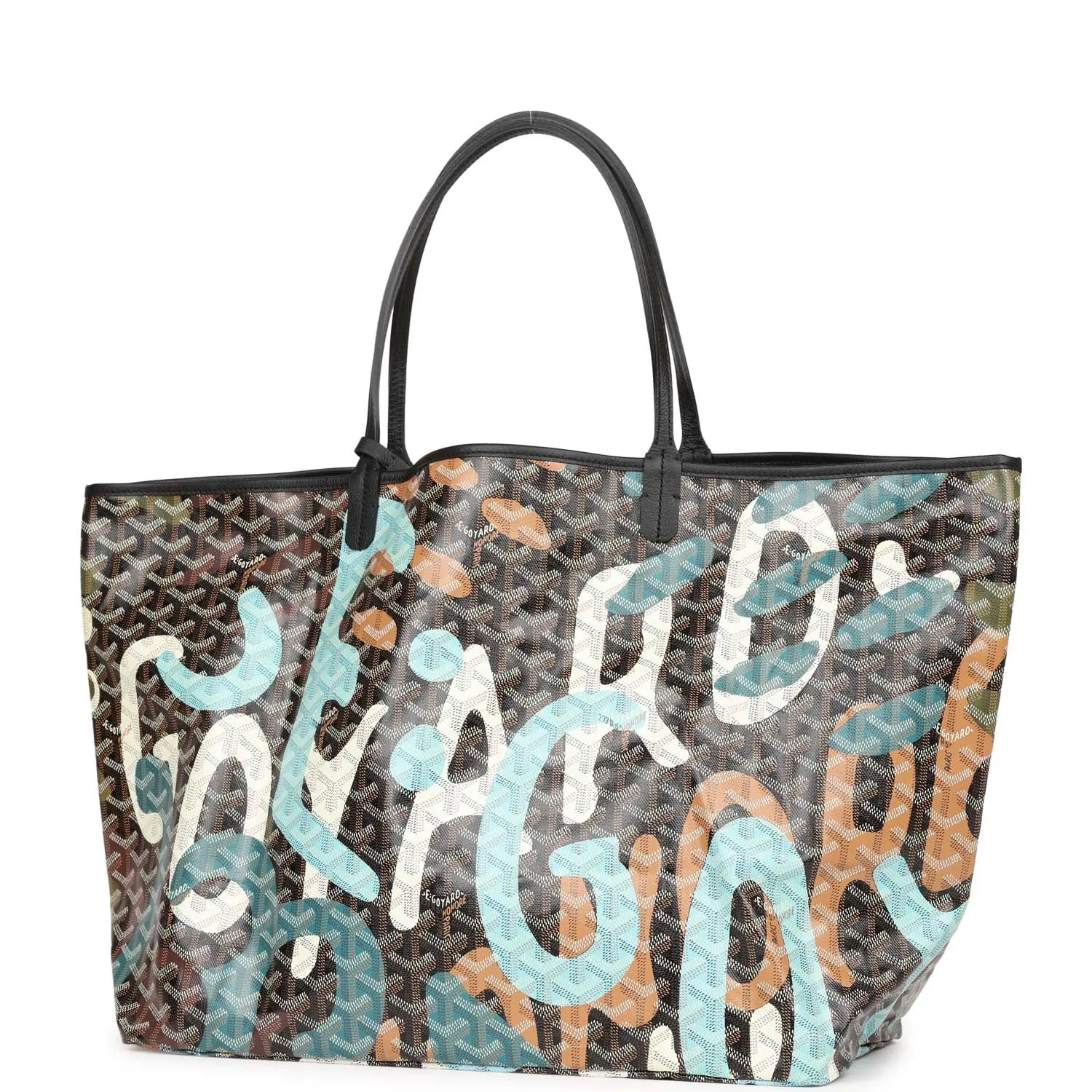 Goyard Limited Edition Black Goyardine Canvas Blue Lettres Camouflage St. Louis GM Tote Bag Palladium Hardware