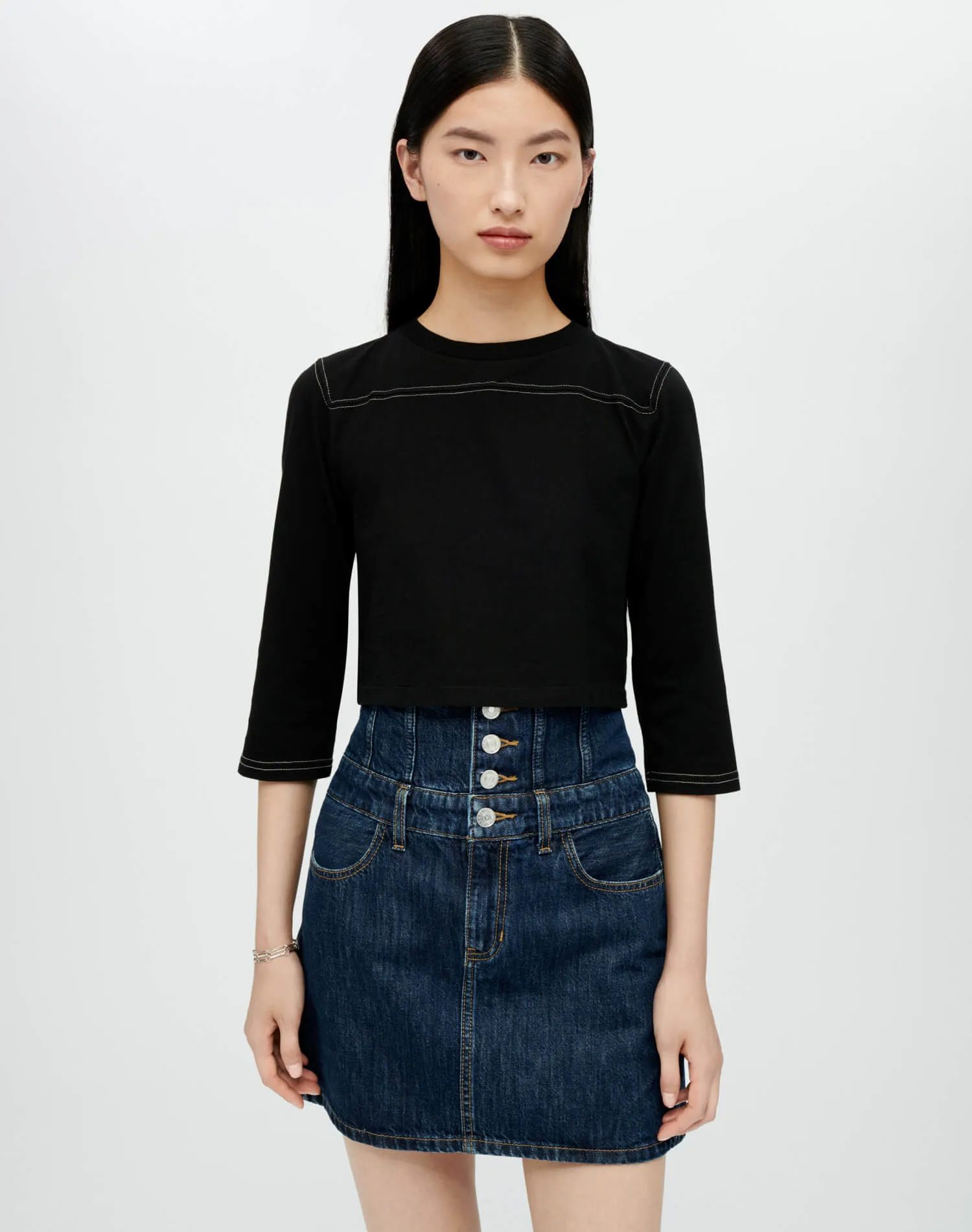 Hanes Cropped Varsity Tee - Black with Cream Stitch