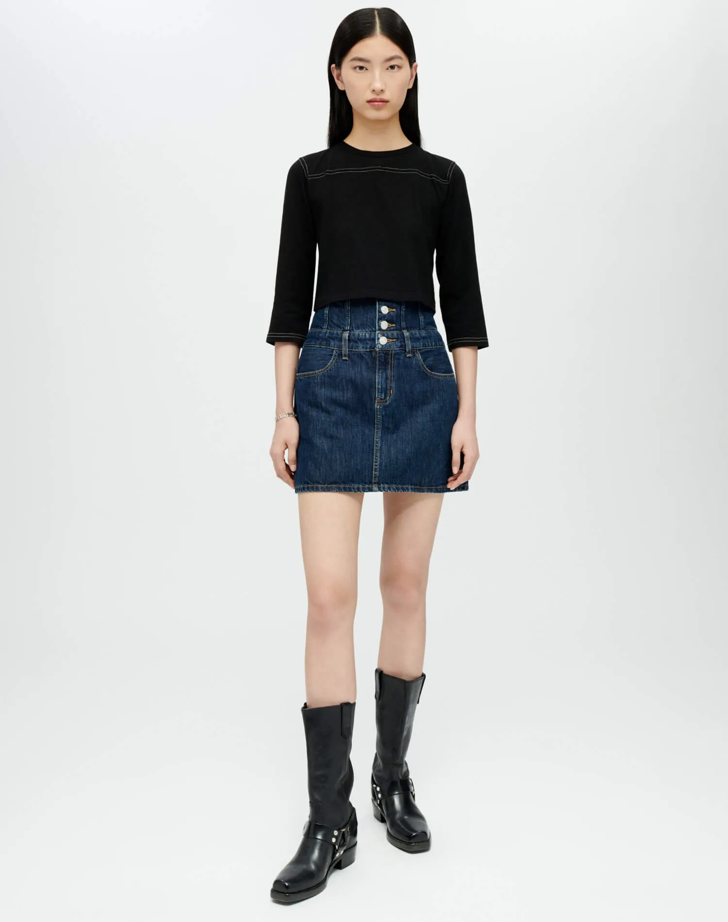 Hanes Cropped Varsity Tee - Black with Cream Stitch