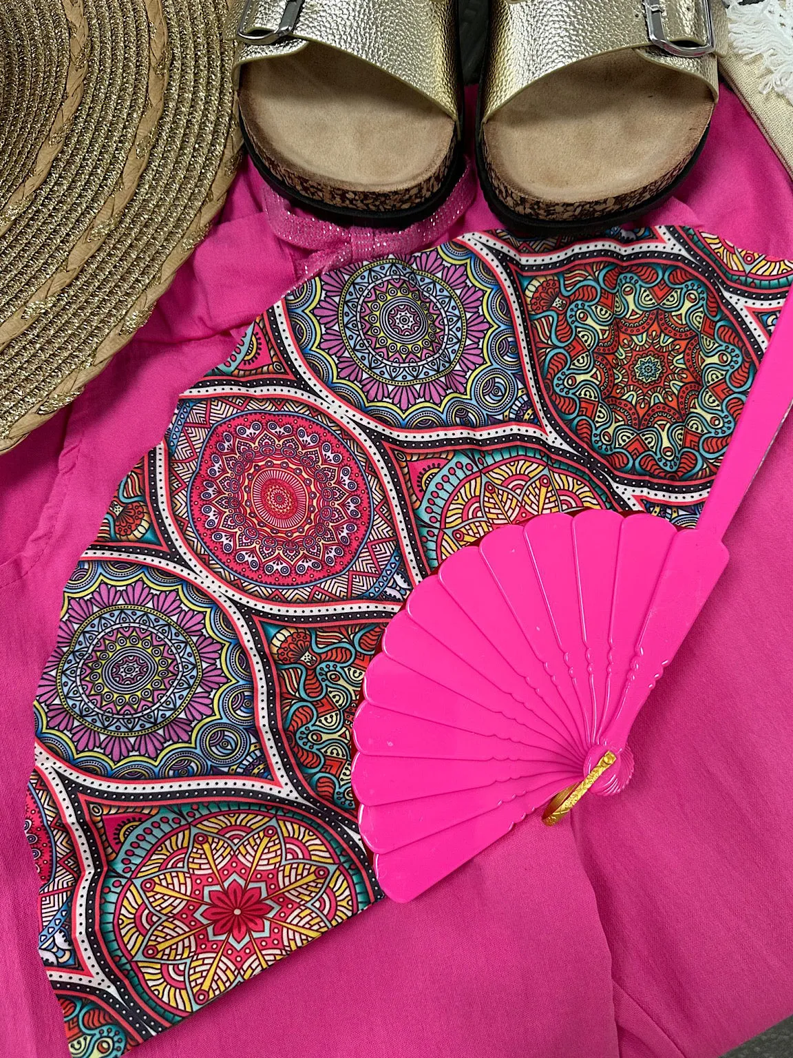 Lipstick Pink Vibrant Multi Pattern Fan