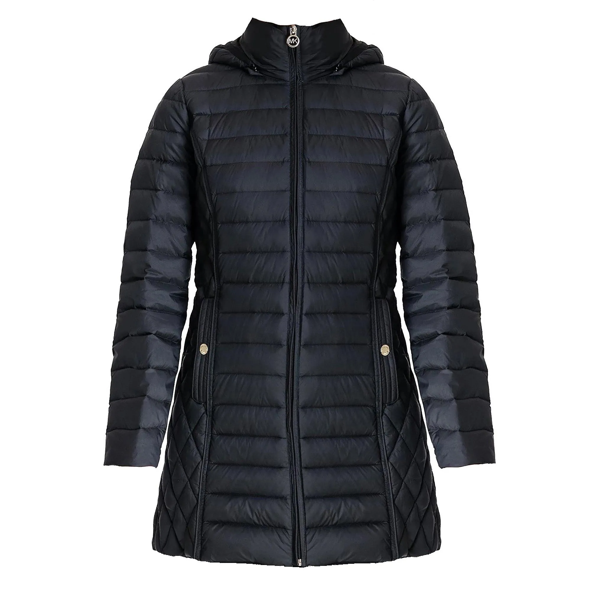 Michael michael kors chaqueta empacable negra con capucha para mujer con capucha extraíble de 3/4 de largo