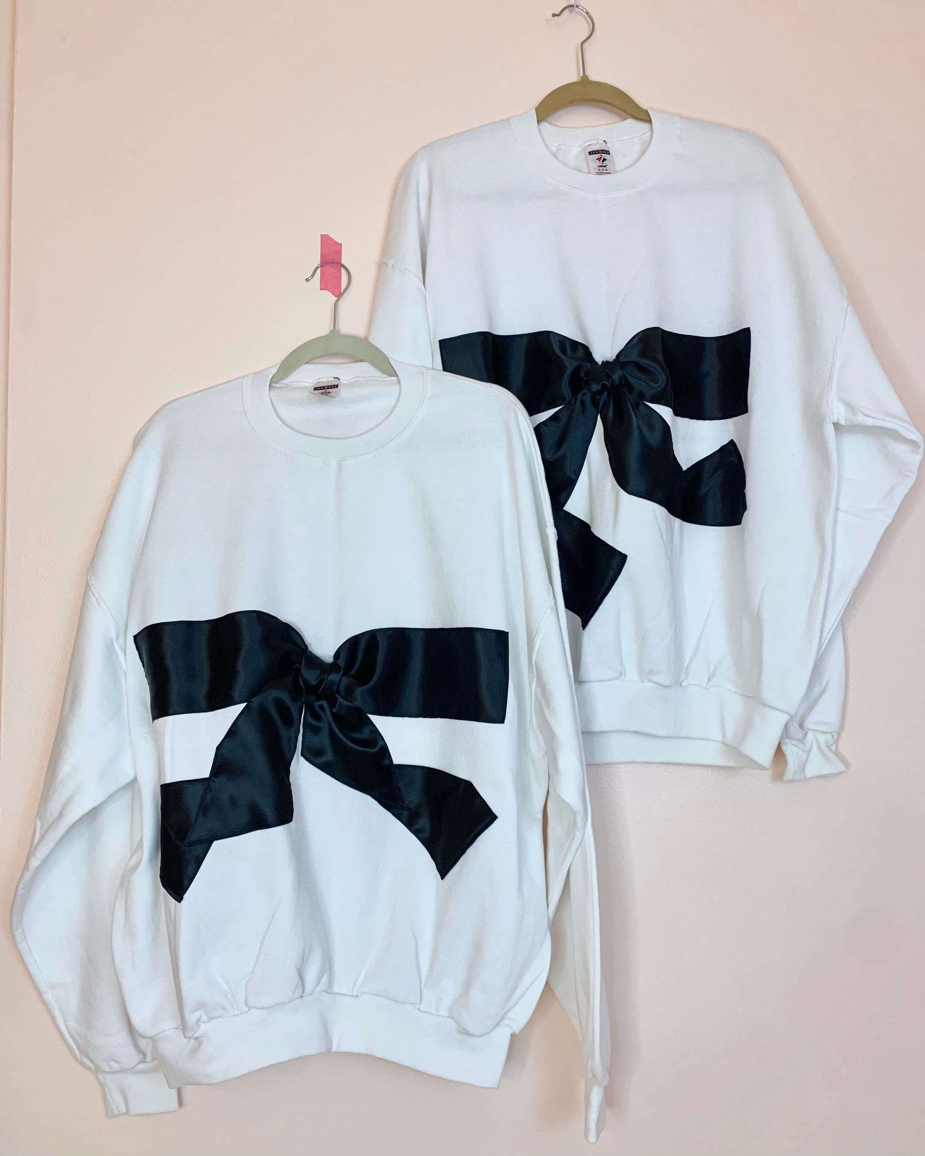 Upcycled satin bow sweatshirts