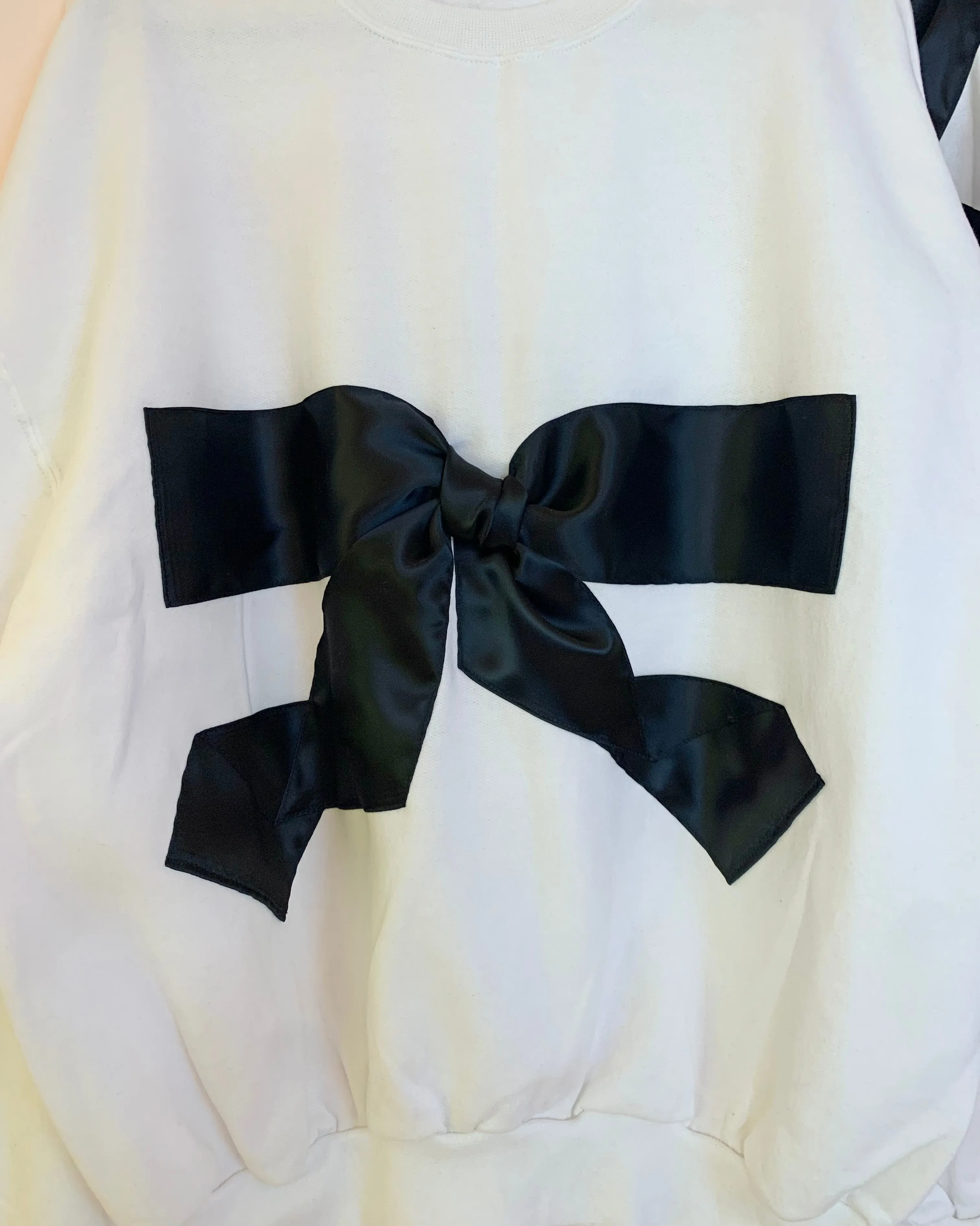 Upcycled satin bow sweatshirts