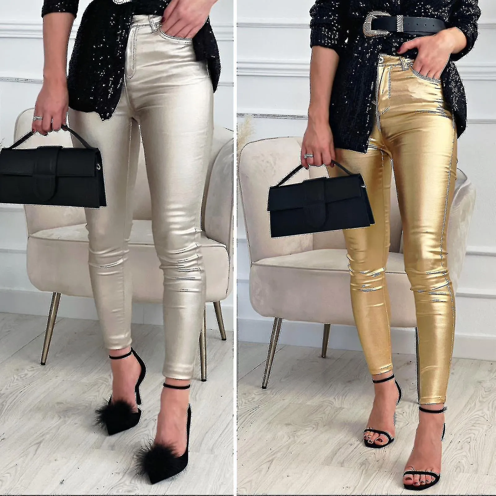 Women Leggings Ankle-length Tight Stretchy Wrinkle Resistant Pockets Bright Surface Skinny Faux Leather Leggings Pants Women Clo