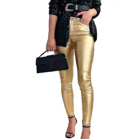 Women Leggings Ankle-length Tight Stretchy Wrinkle Resistant Pockets Bright Surface Skinny Faux Leather Leggings Pants Women Clo