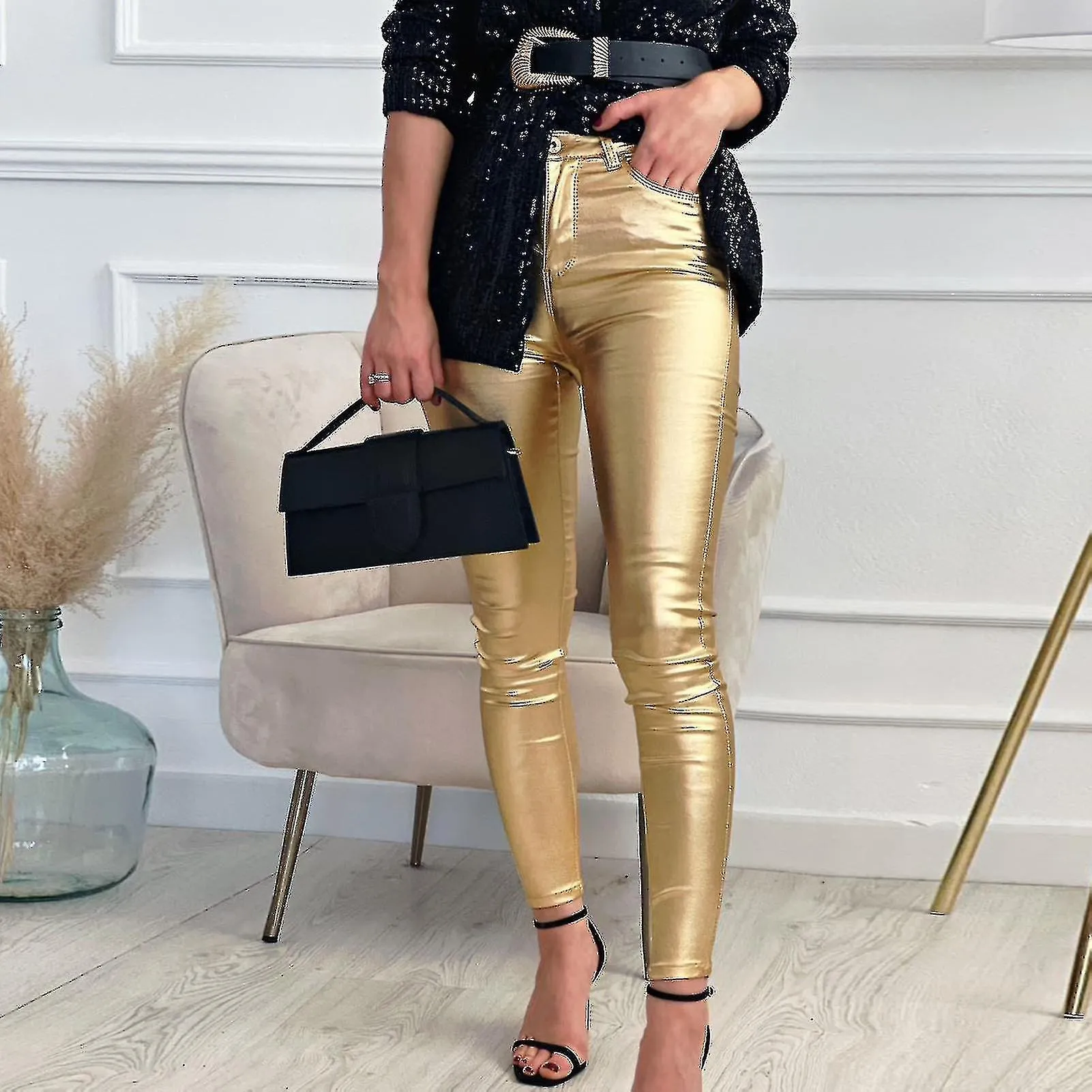 Women Leggings Ankle-length Tight Stretchy Wrinkle Resistant Pockets Bright Surface Skinny Faux Leather Leggings Pants Women Clo