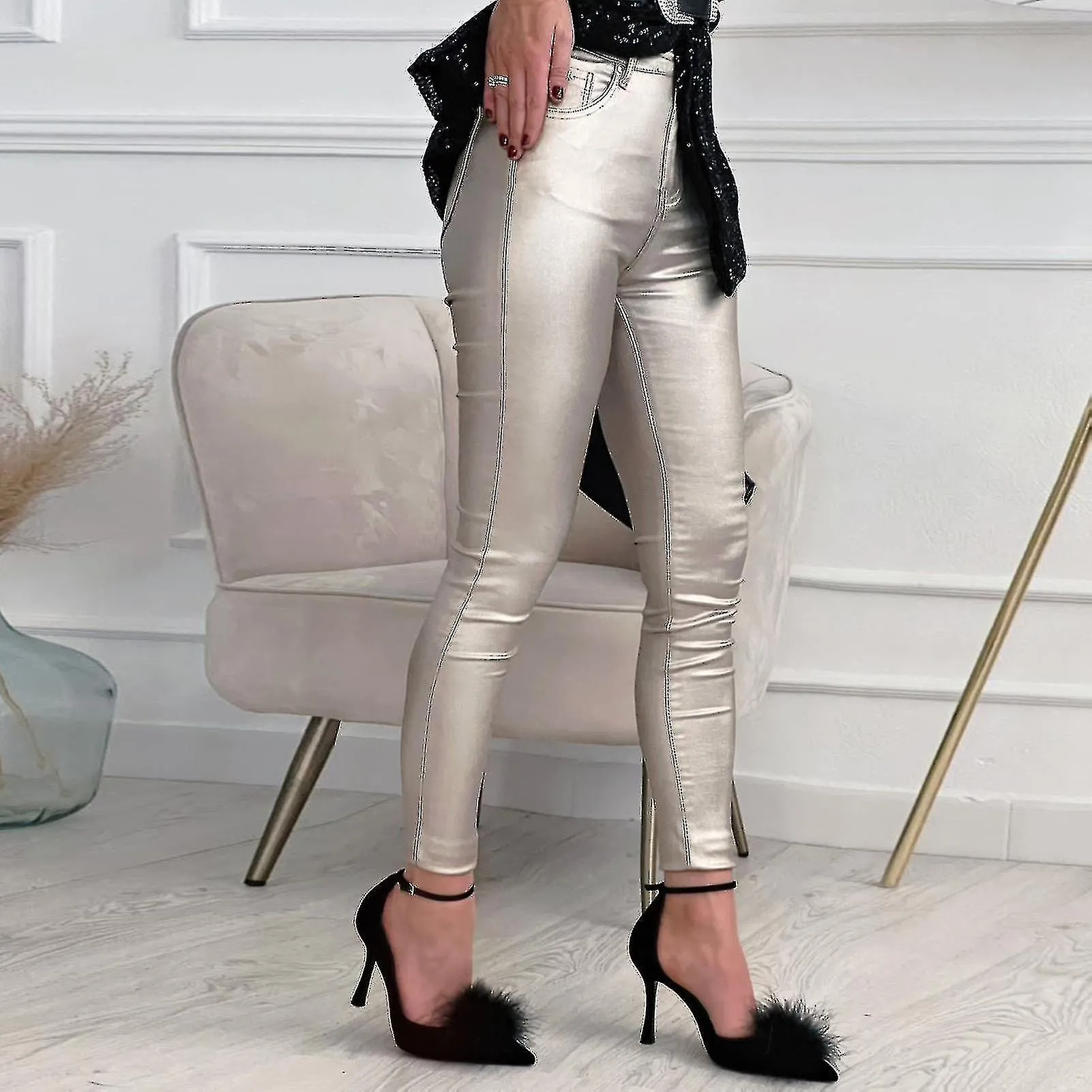 Women Leggings Ankle-length Tight Stretchy Wrinkle Resistant Pockets Bright Surface Skinny Faux Leather Leggings Pants Women Clo