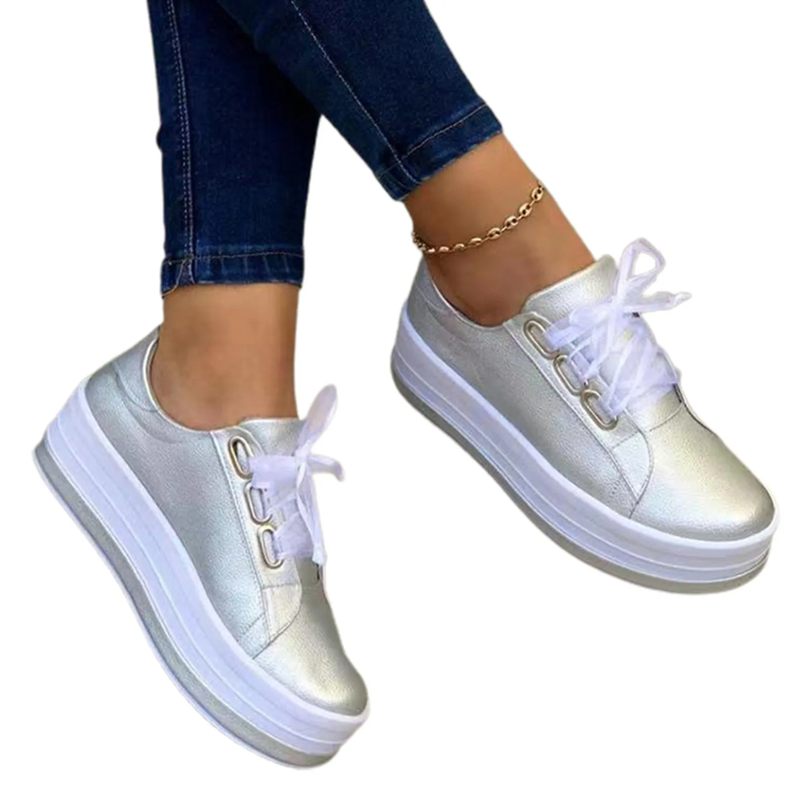 Women's Pu Shoes Lace Up Round Toe Platform Walking Shoes Anti Slip  Fashionable