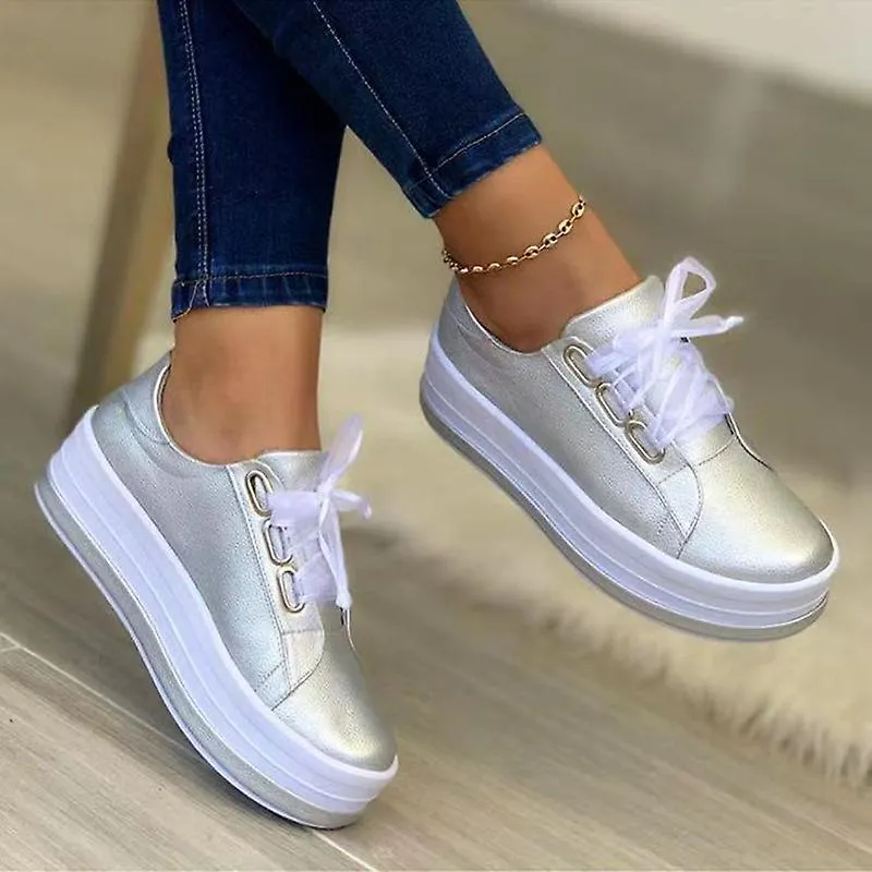 Women's Pu Shoes Lace Up Round Toe Platform Walking Shoes Anti Slip  Fashionable