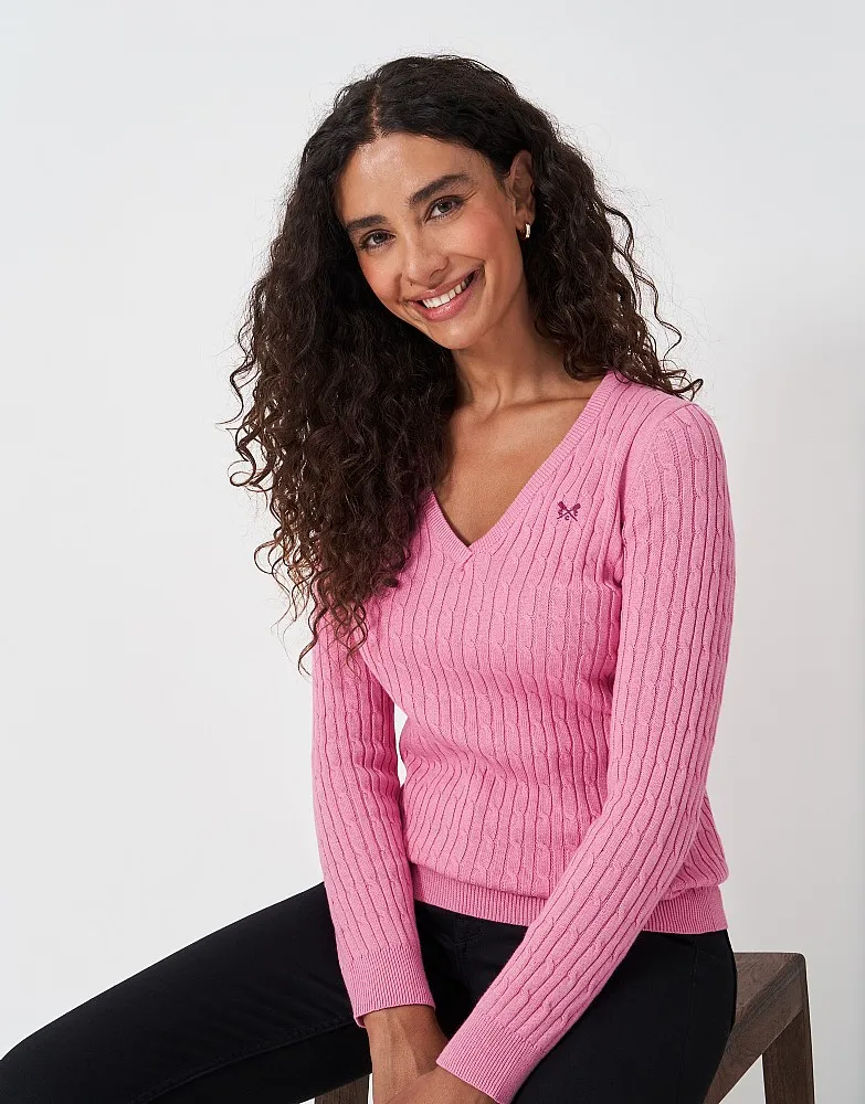 Women's Heritage Cotton Cashmere Cable Knit V Neck Jumper from Crew Clothing