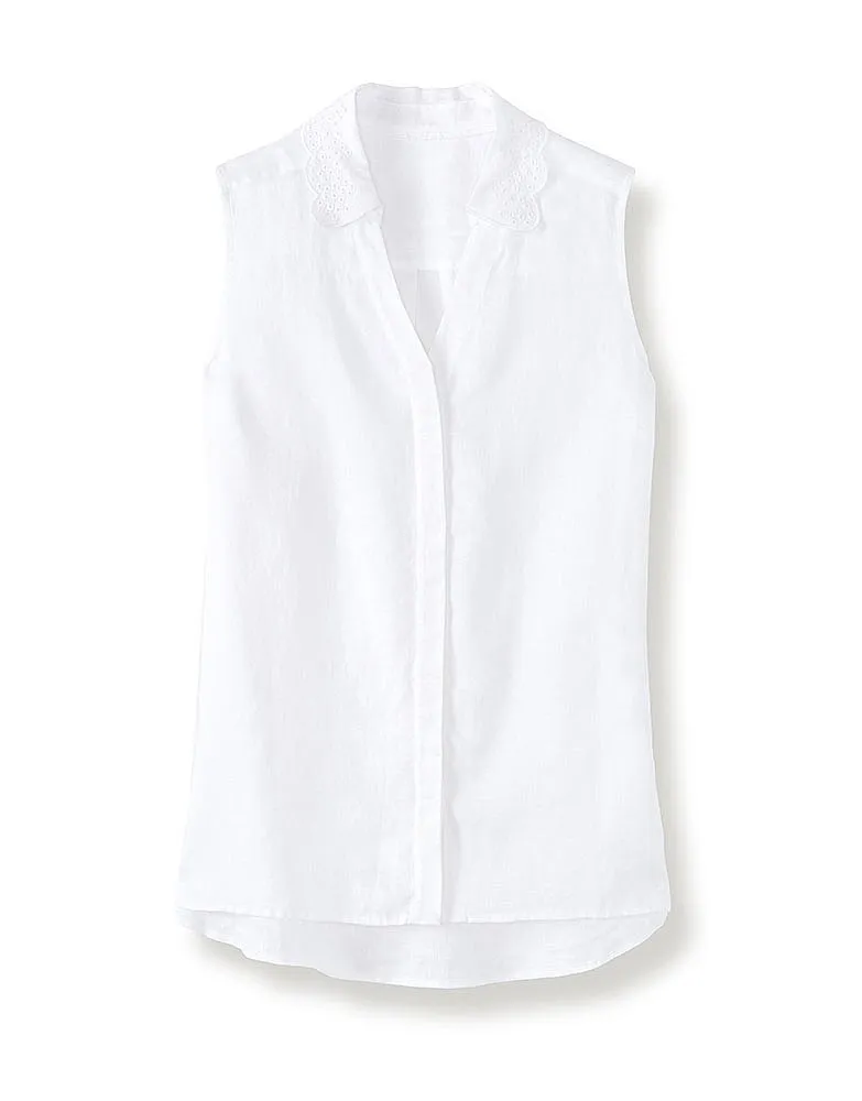 Women's Malbay Sleeveless Linen Broderie Shirt in White from Crew Clothing